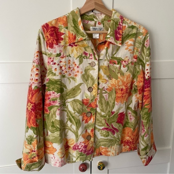 Coldwater Creek 100% Cotton Floral Jacket Spring Colors Button Up Size Petite M - Picture 1 of 11